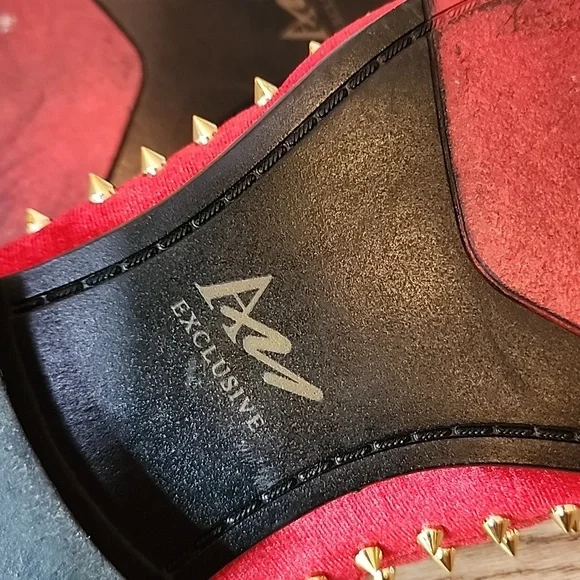 After Midnight Mens Harvie AM Exclusive Smoker Red Velvet Gold Spike Studs Shoes - Picture 8 of 11